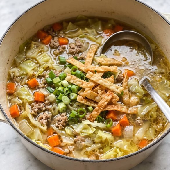 A pot of egg roll soup with ground pork, green cabbage and carrots in broth
