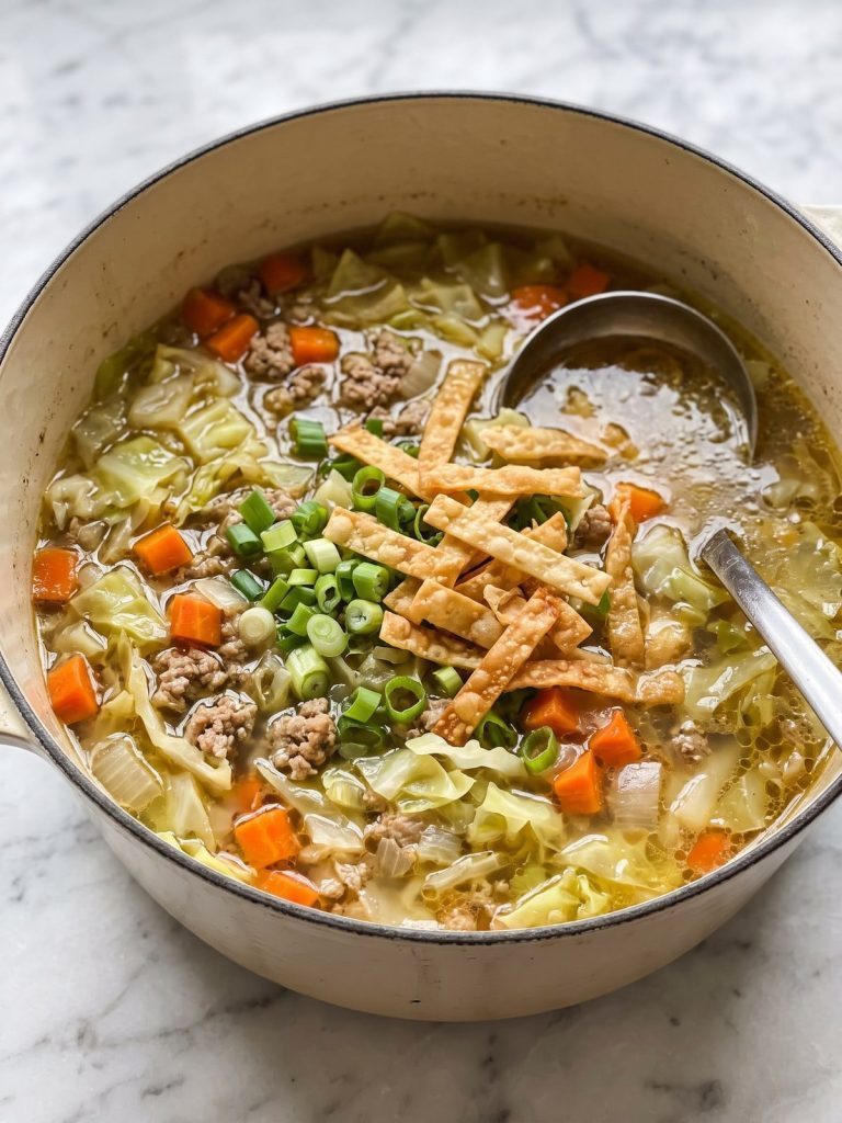 A pot of egg roll soup with ground pork, green cabbage and carrots in broth