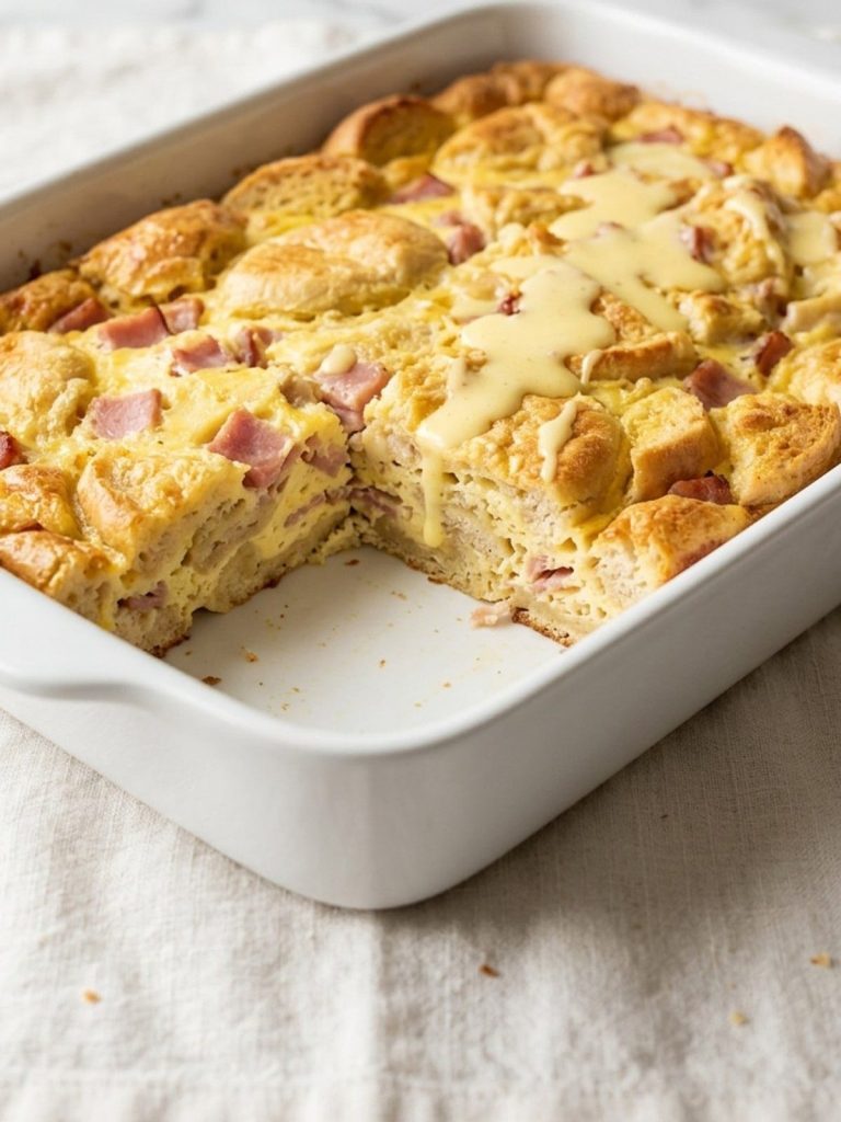 A 9x13 dish of baked eggs Benedict casserole with one piece served out