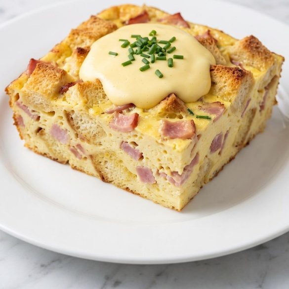 A square of eggs Benedict casserole with Canadian bacon, topped with hollandaise and chives on a plate