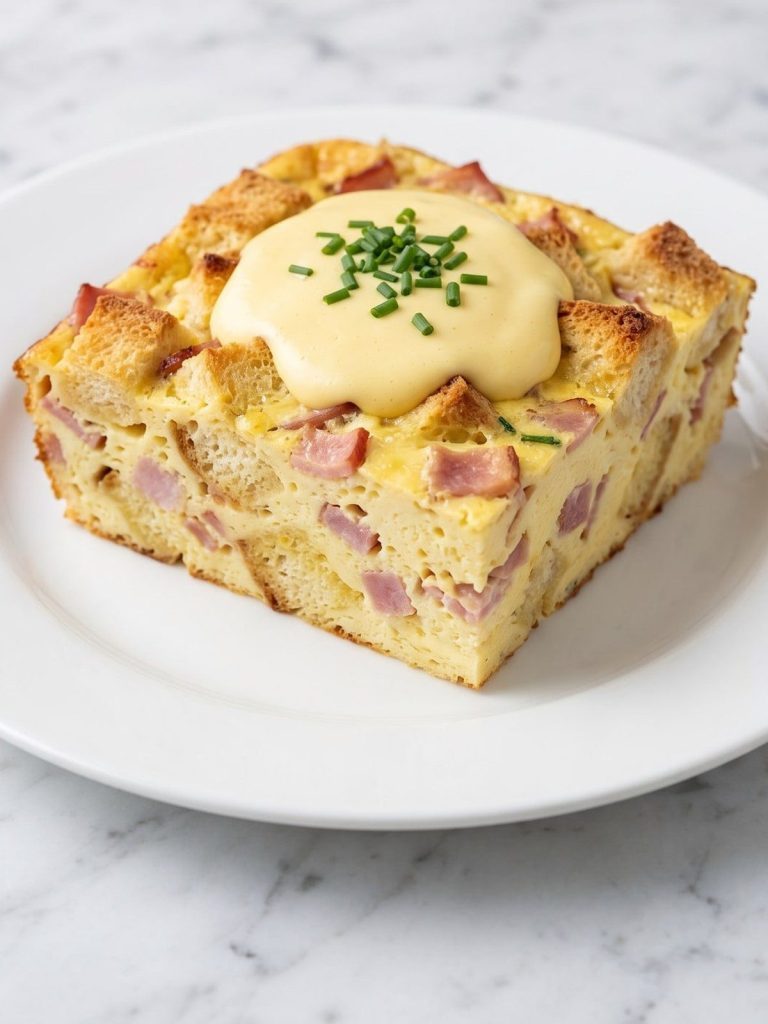 A square of eggs Benedict casserole with Canadian bacon, topped with hollandaise and chives on a plate