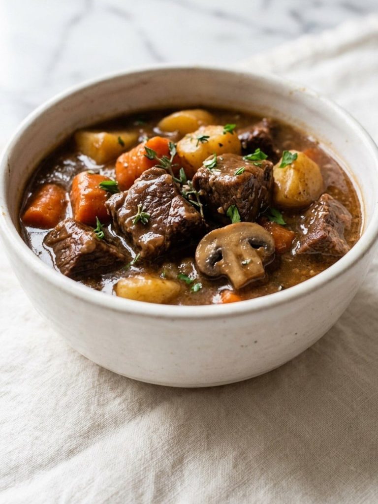 Close-up of tender elk cubes, carrots, potatoes and mushrooms in a thick brown stew