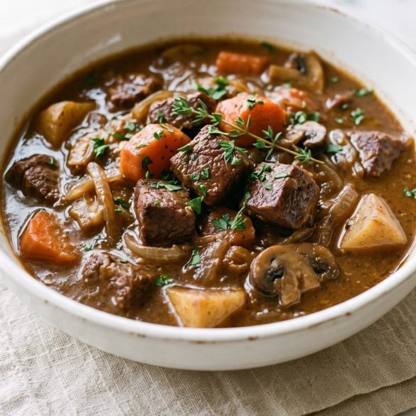 A bowl of elk stew with tender meat, carrots, potatoes and mushrooms in a rich brown broth