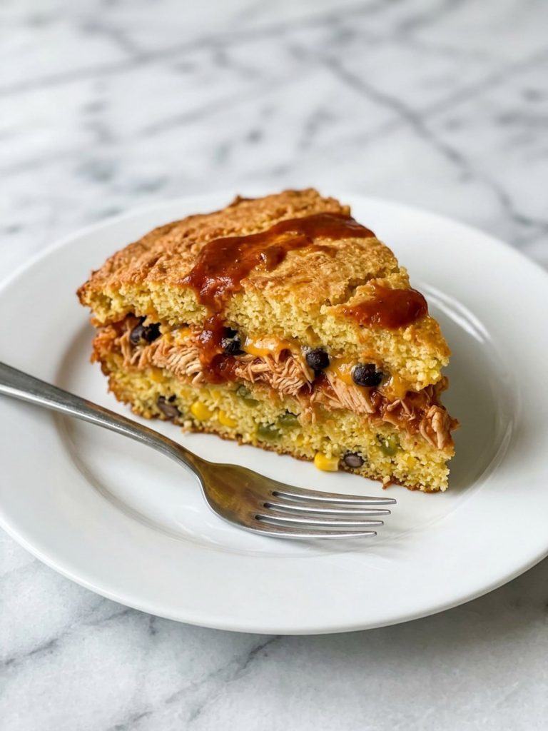 A white plate with a wedge of chicken enchilada cornbread casserole showing layers of cornbread, shredded chicken, black beans and cheese under red enchilada sauce