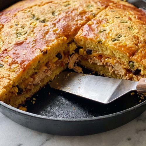 A cast iron skillet of chicken enchilada cornbread casserole with a golden top, red enchilada sauce and one wedge cut out to show the chicken and black bean layer