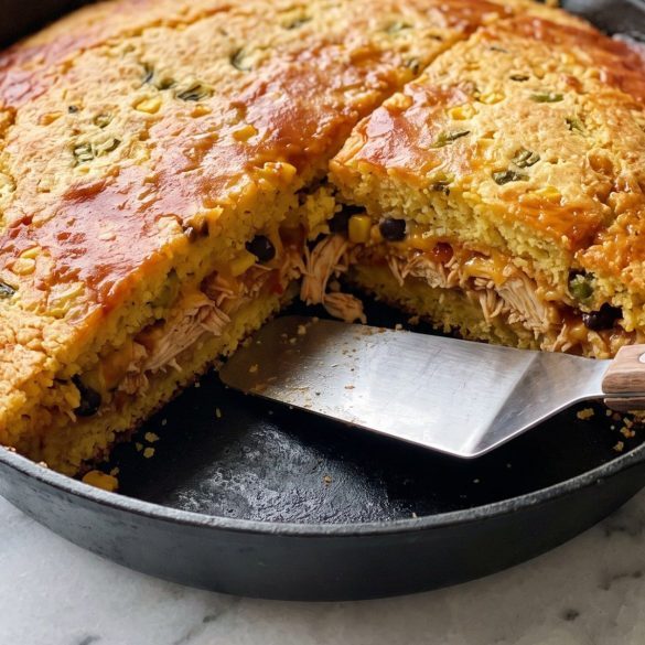 A cast iron skillet of chicken enchilada cornbread casserole with a golden top, red enchilada sauce and one wedge cut out to show the chicken and black bean layer