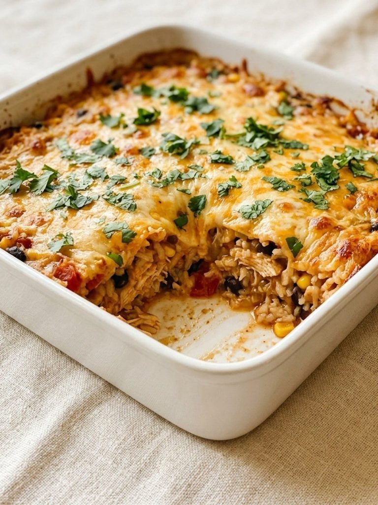 A square baking dish of fiesta chicken casserole with melted cheese and a portion served out