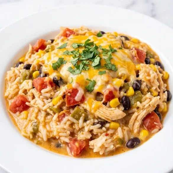 A serving of cheesy chicken and rice casserole with corn, black beans and tomatoes on a plate