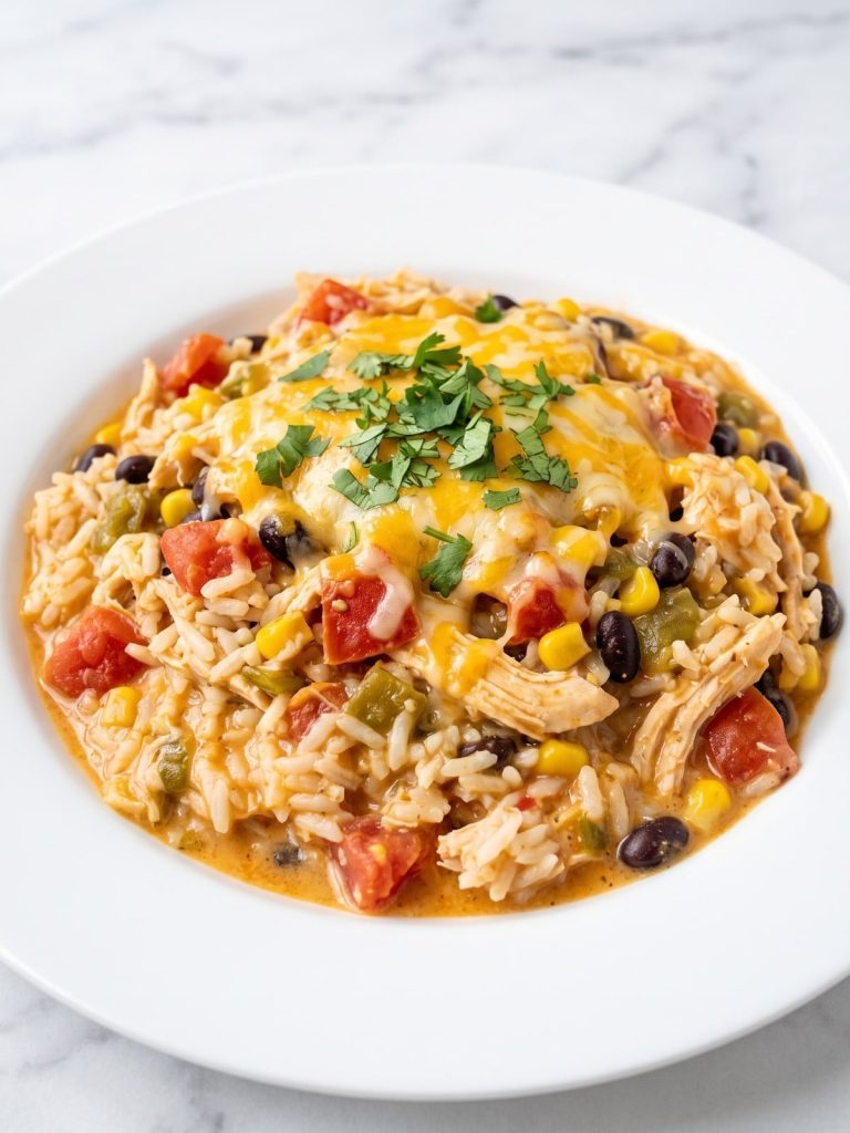A serving of cheesy chicken and rice casserole with corn, black beans and tomatoes on a plate