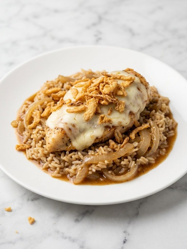 A plate of French onion chicken and rice casserole topped with cheese and crispy fried onions