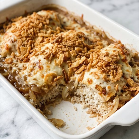 French onion chicken and rice casserole with melted mozzarella and crispy fried onions in a baking dish