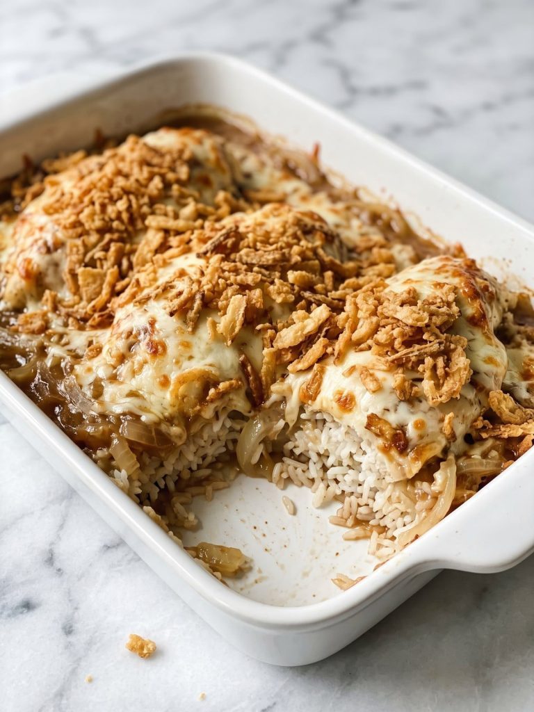 French onion chicken and rice casserole with melted mozzarella and crispy fried onions in a baking dish