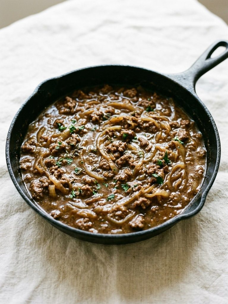 French onion sloppy joe filling in a skillet