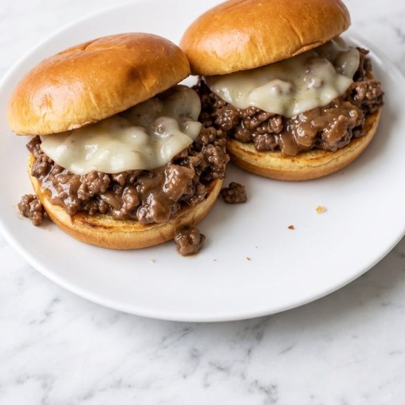 A French onion sloppy joe with melted provolone on a toasted brioche bun