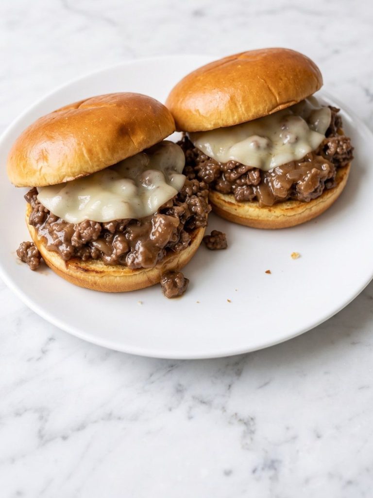 A French onion sloppy joe with melted provolone on a toasted brioche bun