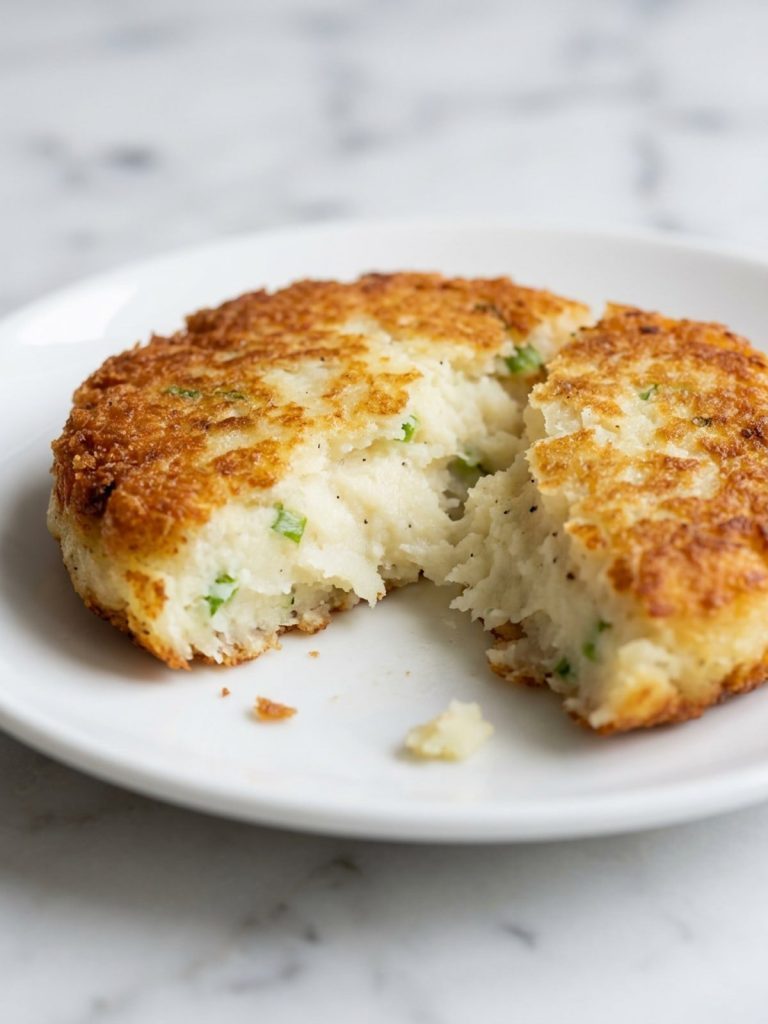 A fried potato cake on a white plate, broken open to show its browned crust and soft center