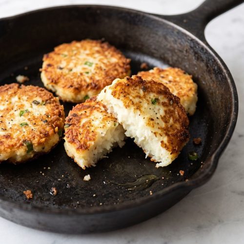 Golden fried potato cakes in a skillet, with one cut open to show the soft potato center