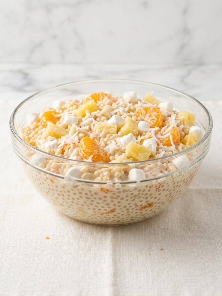 Frog eye salad with acini di pepe and fruit in a glass serving bowl