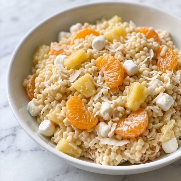 A bowl of creamy frog eye salad with pineapple, mandarin oranges, marshmallows and coconut
