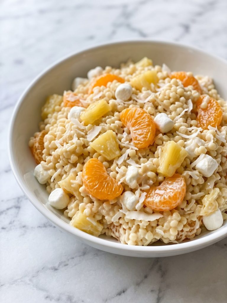 A bowl of creamy frog eye salad with pineapple, mandarin oranges, marshmallows and coconut