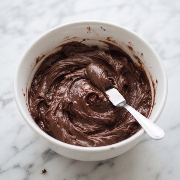 A white bowl of thick, fluffy chocolate fudge frosting with swirls and an offset spatula