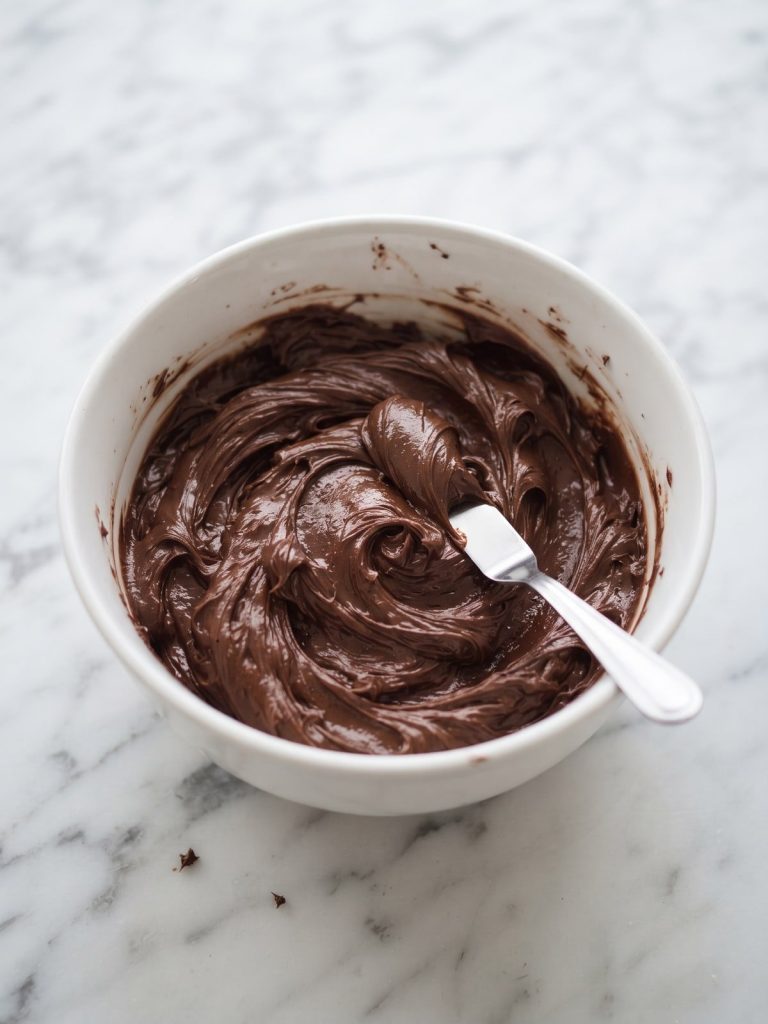 A white bowl of thick, fluffy chocolate fudge frosting with swirls and an offset spatula