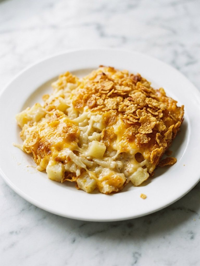 A plate with a serving of cheesy funeral potatoes and cornflake topping