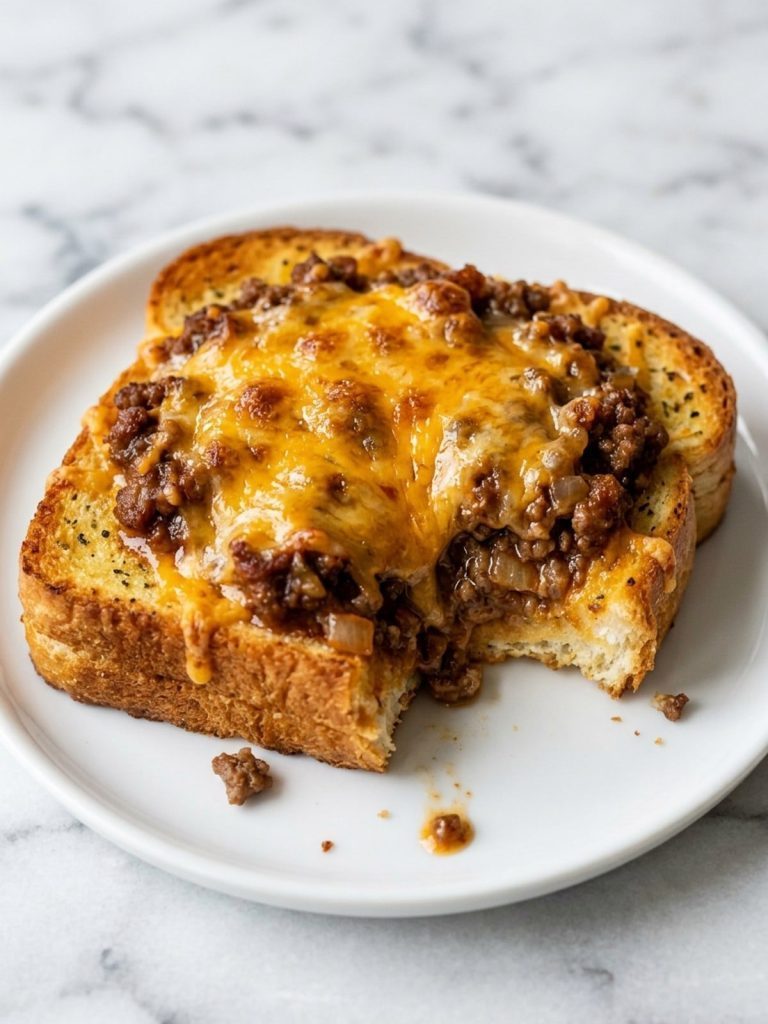 Close view of one slice of garlic toast with a thick layer of sloppy joe beef under bubbly melted cheddar