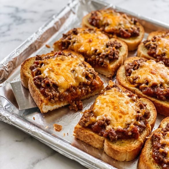 Slices of garlic Texas toast topped with sloppy joe beef and melted cheddar on a baking sheet, one slice lifted on a spatula