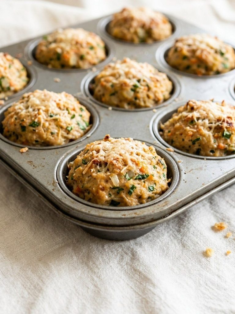 Mini chicken meatloaves baked in a muffin tin, topped with Parmesan