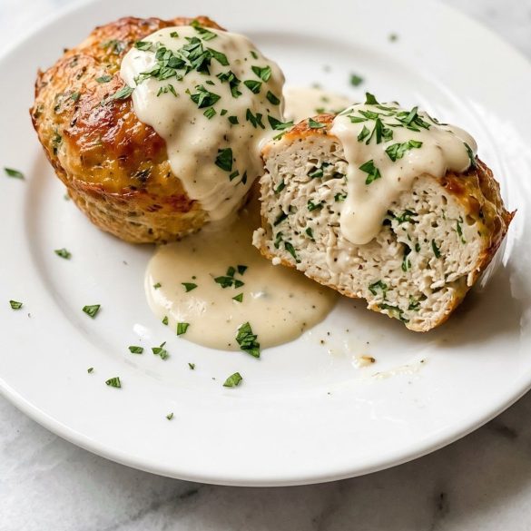 Two mini chicken meatloaves topped with garlic Parmesan cream sauce and parsley on a plate