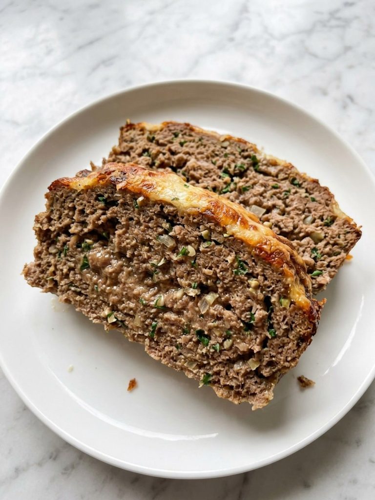A white plate with two thick slices of garlic parmesan meatloaf topped with golden broiled Parmesan