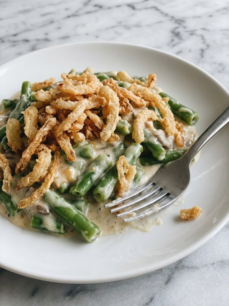 Close view of a serving of green bean casserole on a white plate with crispy fried onions on top