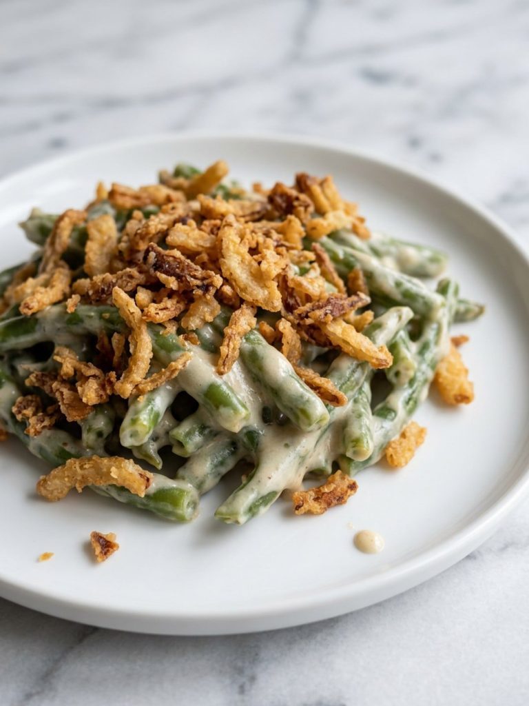 Close view of creamy green beans and crisp fried onions in a served portion