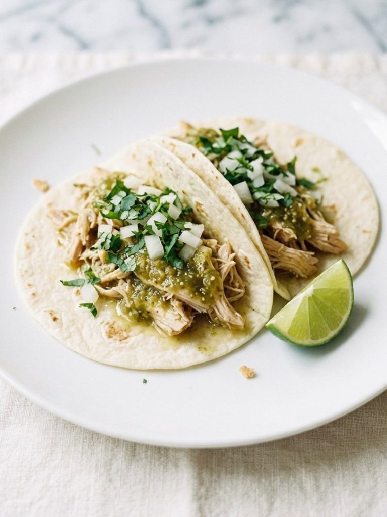 Two soft tacos filled with shredded green chile chicken and cilantro on a plate