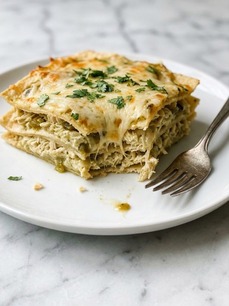 A square slice of green chili chicken enchilada casserole showing layers of corn tortillas, creamy chicken and melted cheese