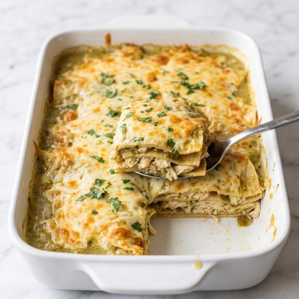 Baked green chili chicken enchilada casserole in a white dish with one serving scooped out to show the layers