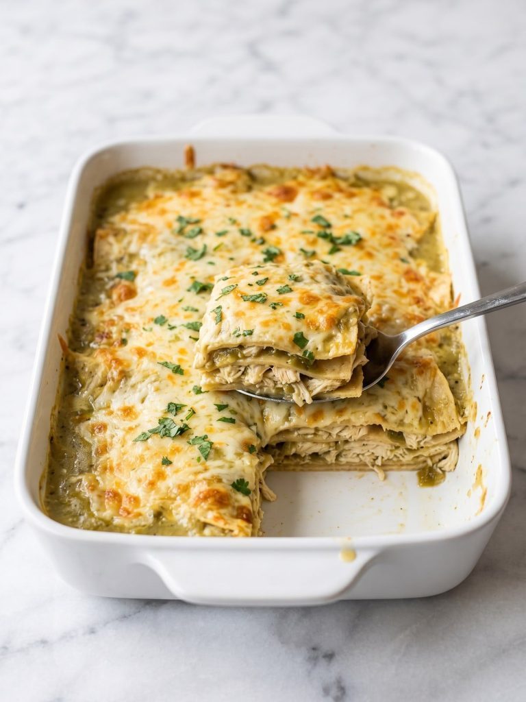 Baked green chili chicken enchilada casserole in a white dish with one serving scooped out to show the layers