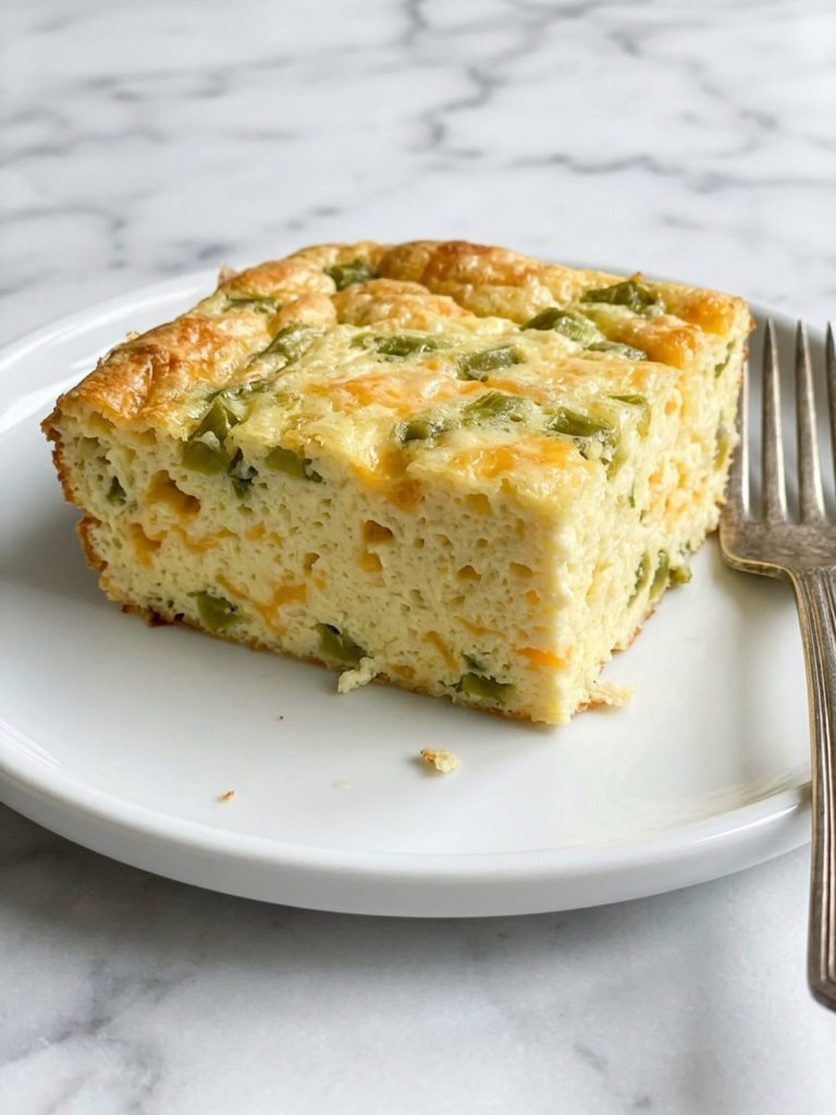 A square of green chili egg casserole on a plate showing the fluffy set eggs, green chiles and cheese