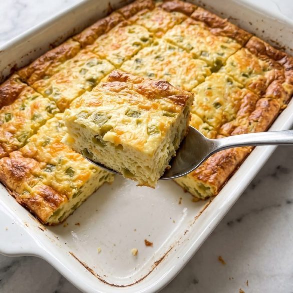 Green chili egg casserole in a white baking dish, golden on top, with one square lifted out