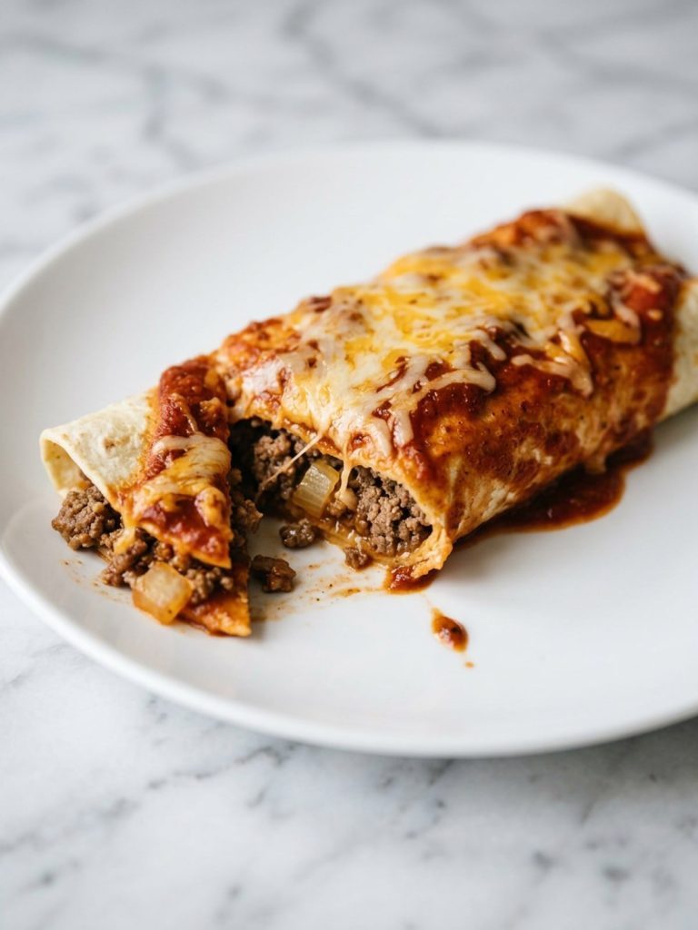 Close view of a served beef enchilada showing its sauced tortilla, melted cheese, and beef filling.