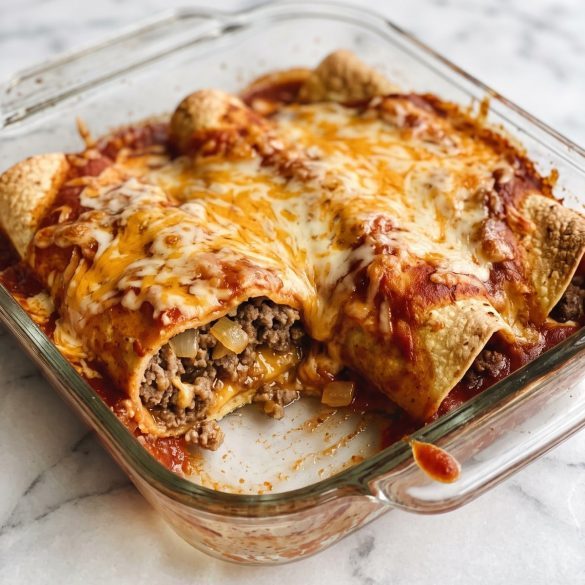Saucy ground beef and cheese enchiladas in a baking dish, with one roll cut open to show the filling.