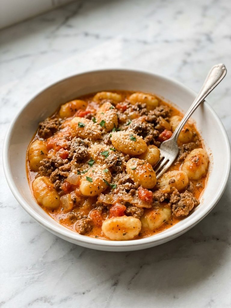 A white bowl filled with ground beef gnocchi in a creamy tomato sauce