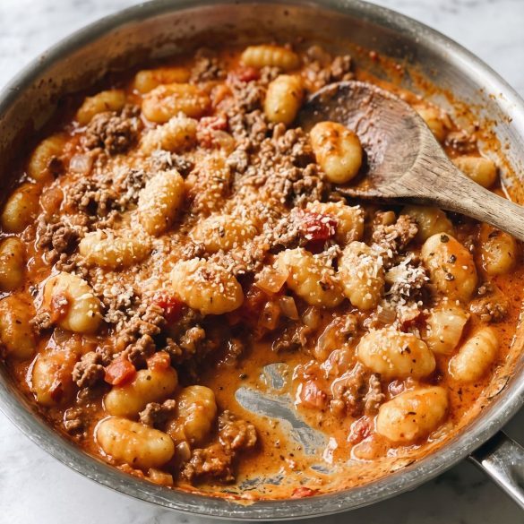 A skillet of ground beef gnocchi in a creamy tomato sauce with grated Parmesan
