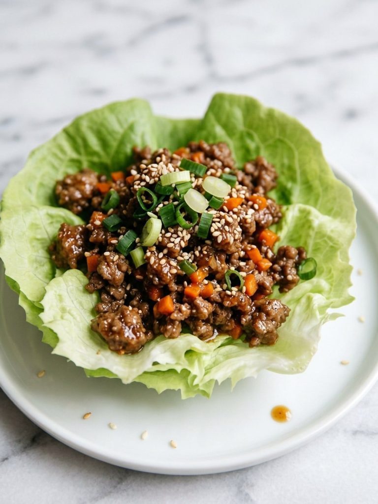 Close view of one butter lettuce cup filled with glossy soy-glazed ground beef, carrot, green onion and sesame seeds