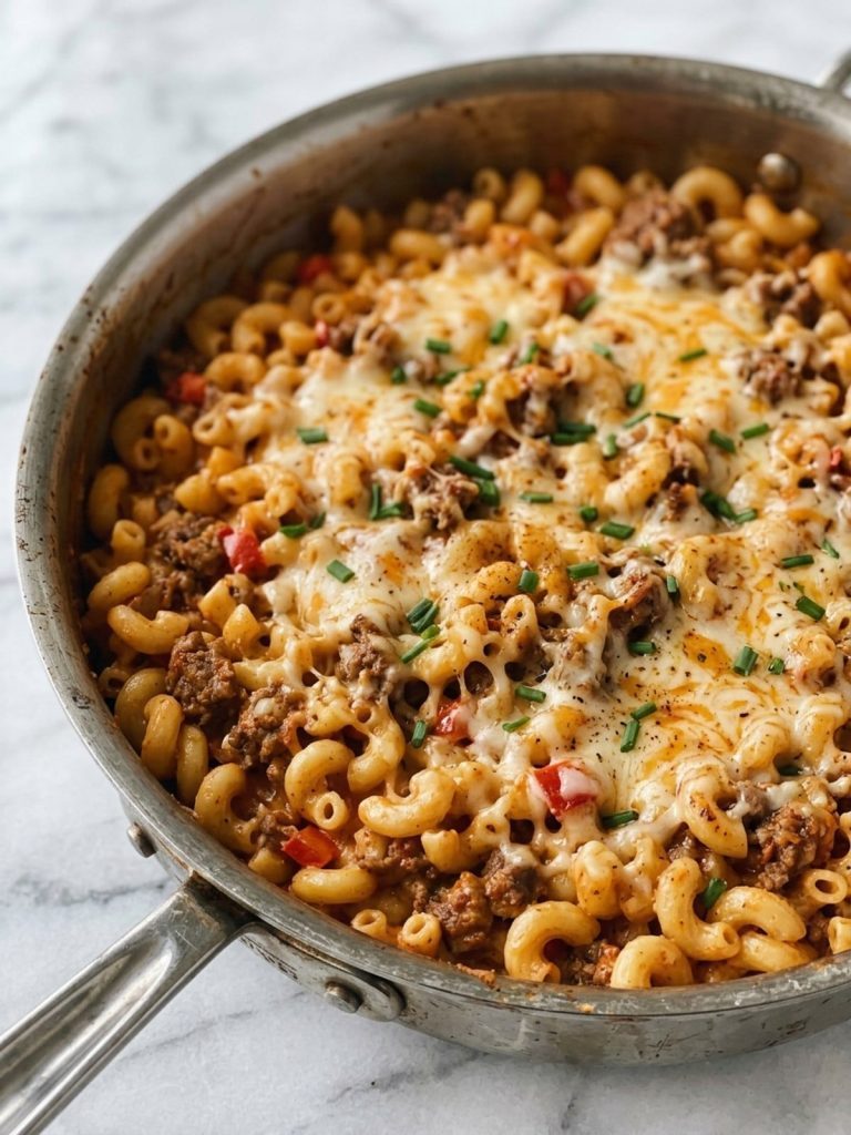 Close side view of tender beef macaroni coated in sauce beneath melted cheddar and mozzarella