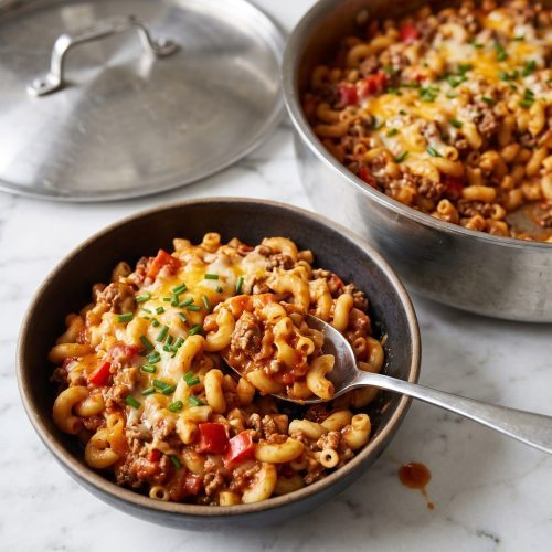 Ground beef mac and cheese scooped from a skillet, showing tender macaroni, beef and melted cheese