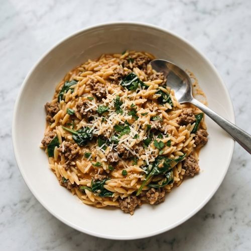 Creamy ground beef orzo with spinach and parmesan in a wide white bowl