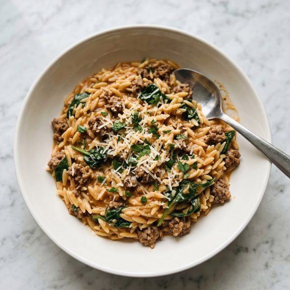 Creamy ground beef orzo with spinach and parmesan in a wide white bowl
