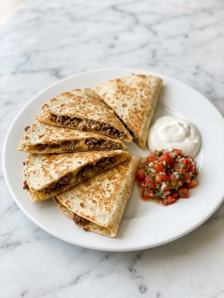 A white plate of crisp ground beef quesadilla wedges with sour cream and salsa